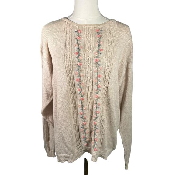 Cottage Essentials Embroidered Floral Sweater‎ Beige Ramie Cotton M Vintage - Picture 1 of 16